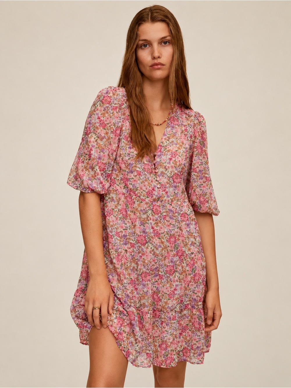 Mango Pink Purple Floral Puff Sleeve Tiered Mini Dress Size 6 M